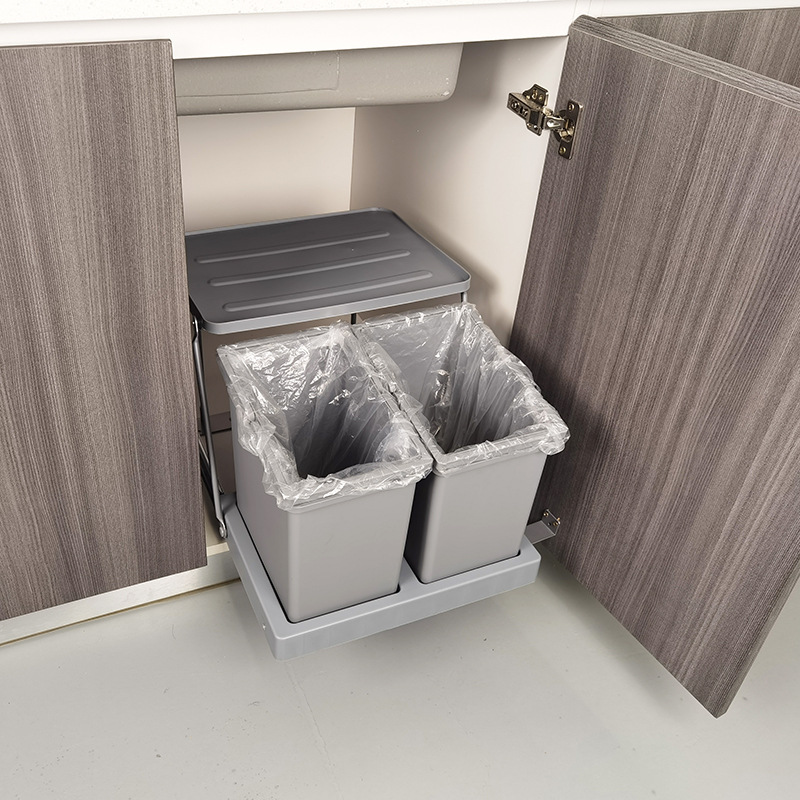 新款橱柜水槽柜旋开连门垃圾桶嵌入式柜内隐藏厨房菜盆底下垃圾桶|ms