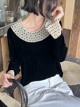 秋季新款真丝绒拼接波点荷叶边领上衣年轻减龄衬衫185