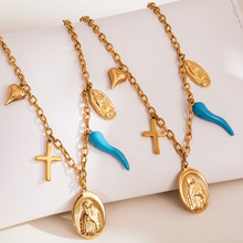 琼瑶跨境新品圆牌十字架爱心DIY多吊坠不锈钢手链项链镀18k金保色