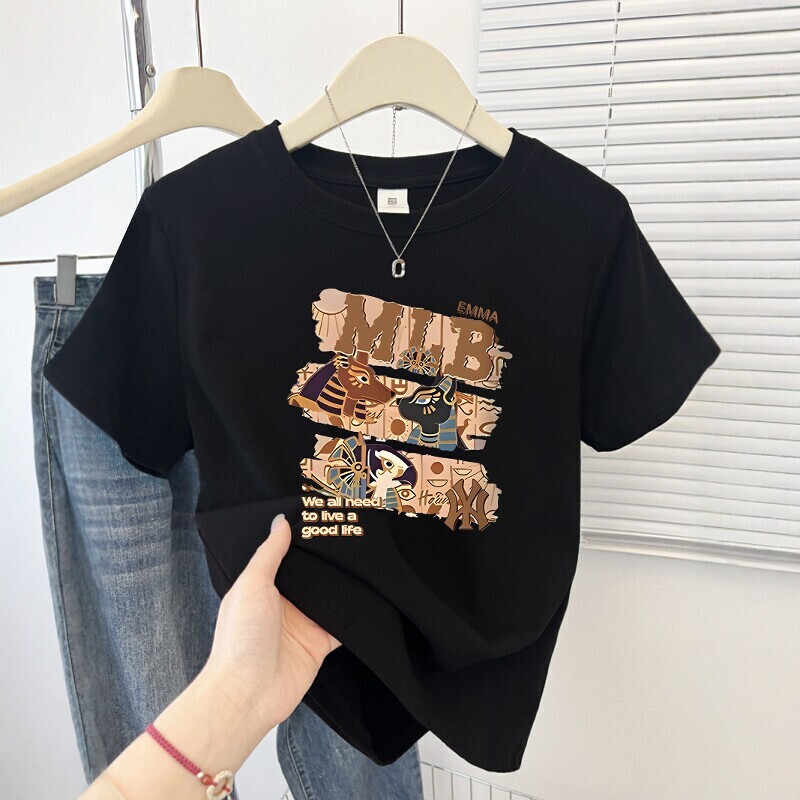 Pure Cotton Creative Print 2026 Summer New Short-Sleeved T-Shirt College Style Fashion Korean Style Versatile Round Neck Top Ins