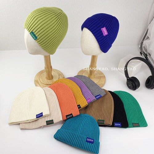 Ins Children's Hat for Little Babies, Hip-Hop Style, Rounded Top Knitted Cold Hat, Gourd Skin Knitted Cap with Overhead Ear Coverage