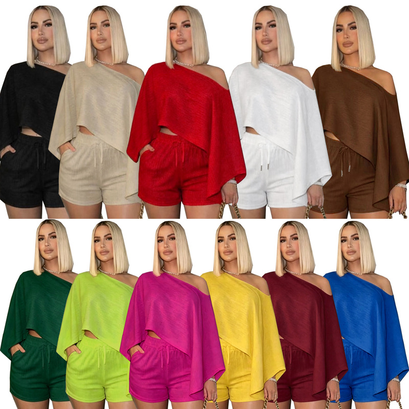 M603 Cross-Border Amazon European and American Vacation Women's Solid Color Elegant Off-Shoulder Loose Top and Shorts Casual Two-Piece Set M603 Cross-Border Amazon European and American Vacation Women's Solid Color Elegant Off-Shoulder Loose Top and Shorts Casual Two-Piece Set