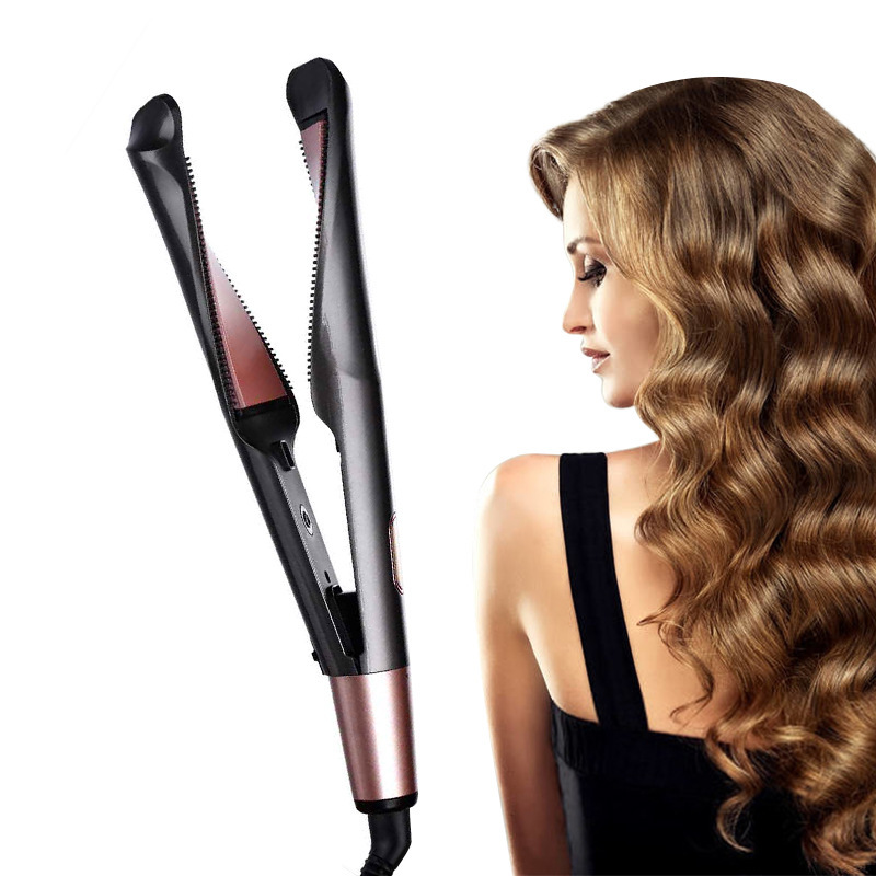 Cross-Border Exclusive New 2-in-1 Curling Iron with Inclined Plate Lcd Hair Straightener, Tail Rotating Temperature-Adjustable Electric Hair Straightener