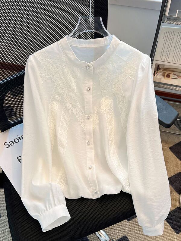 Wholesale French-Style White Shirts for Women, High-End, New Spring Collection, Super Pretty Lace-Trimmed Long-Sleeve Tops