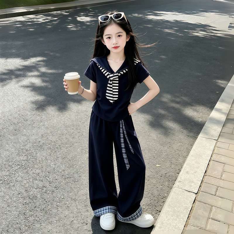 女童夏季巨好看套装2026新款流行海军领飘带短袖儿童韩系休闲裤