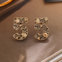 法式轻奢复古做旧小香风镶钻数字5耳钉简约高级感小众气质耳饰女