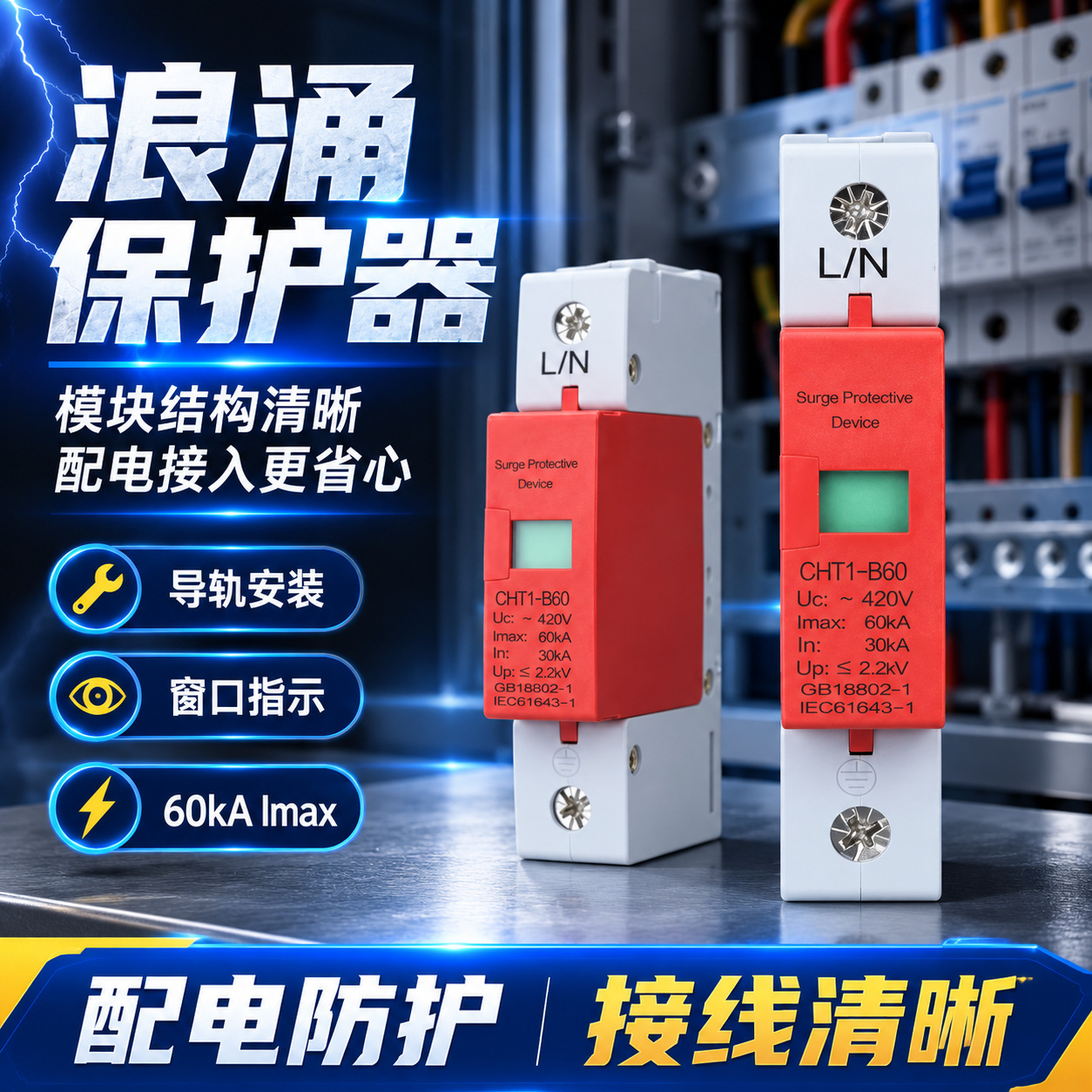 厂家供应 电浪涌保护器Pc聚碳材质工作电压220V/380V防雷器现货