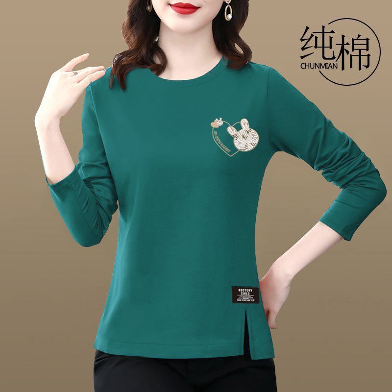 纯棉长袖t恤女士2025新款春秋季开叉减龄打底衫中年妈妈装上衣潮