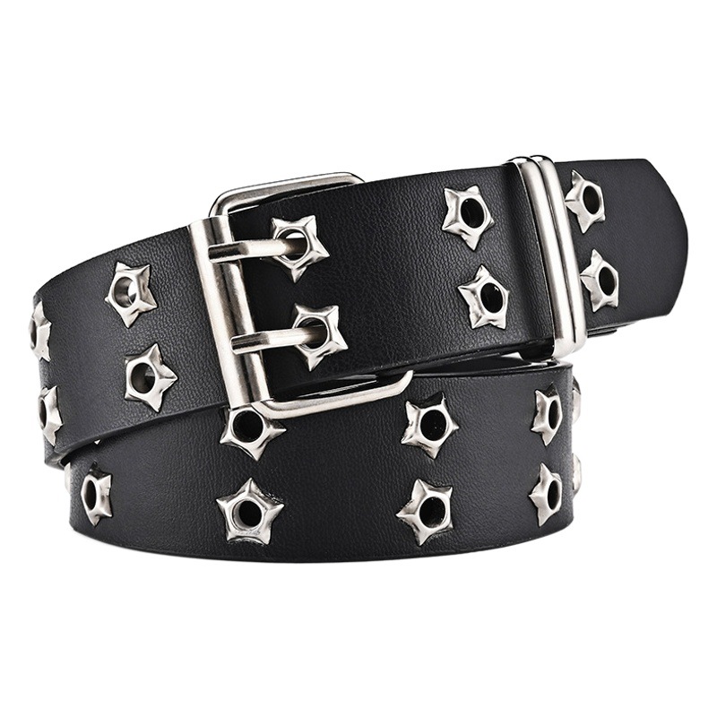Cinturón de Cuero Hueco para Mujer, Estilo Punk Casual, Decoración de Estrellas, Doble Fila, también para Hombre