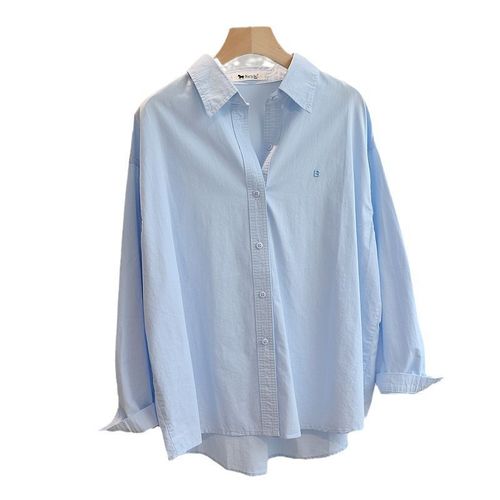 日系温柔风马卡龙色系纯棉宽松小众长袖白衬衫女秋装韩版叠穿上衣