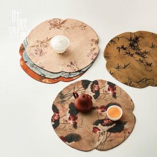 Cloud Silk Begonia Tea Mat Plum Bamboo Dry Tea Mat Table Mat Chinese Zen Handmade Cotton and Linen Fabric Pot Mat Coaster