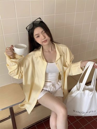 Yellow Korean-style Striped Shirt for Women, Spring and Autumn Sweet Design, Casual Loose Blouse, Wearable Sun Protection Top Jacket
