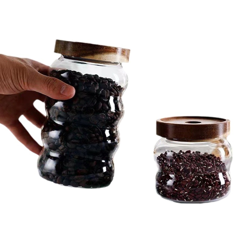 Granos de vidrio creativo frasco de almacenamiento martillo patrón Acacia tapa de madera frasco sellado frasco de almacenamiento de granos de café botella de almacenamiento