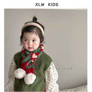 Ins South Korea Love Pattern Children's Cross Scarf Autumn and Winter Baby Warm Knitted Wool Scarf for Boys and Girls