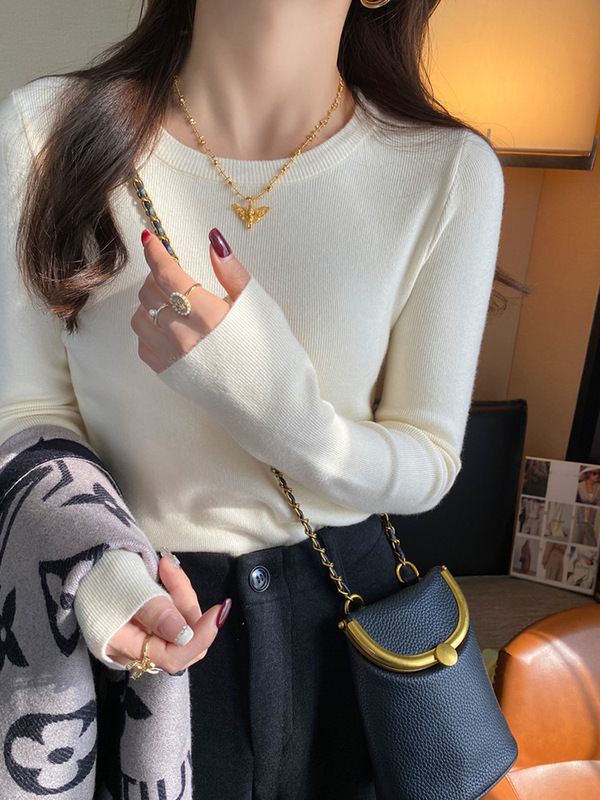 白色圆领小香风针织打底衫女内搭2025开春季新款修身毛衣长袖上衣|undefined
