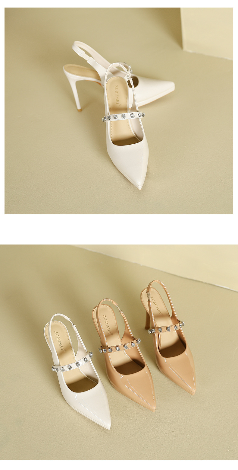 Sandal cao gót nữ mũi nhọn đính đá rhinestone, gót nhọn, quai cao, phong cách rỗng sau — Trắng be chi tiết 11