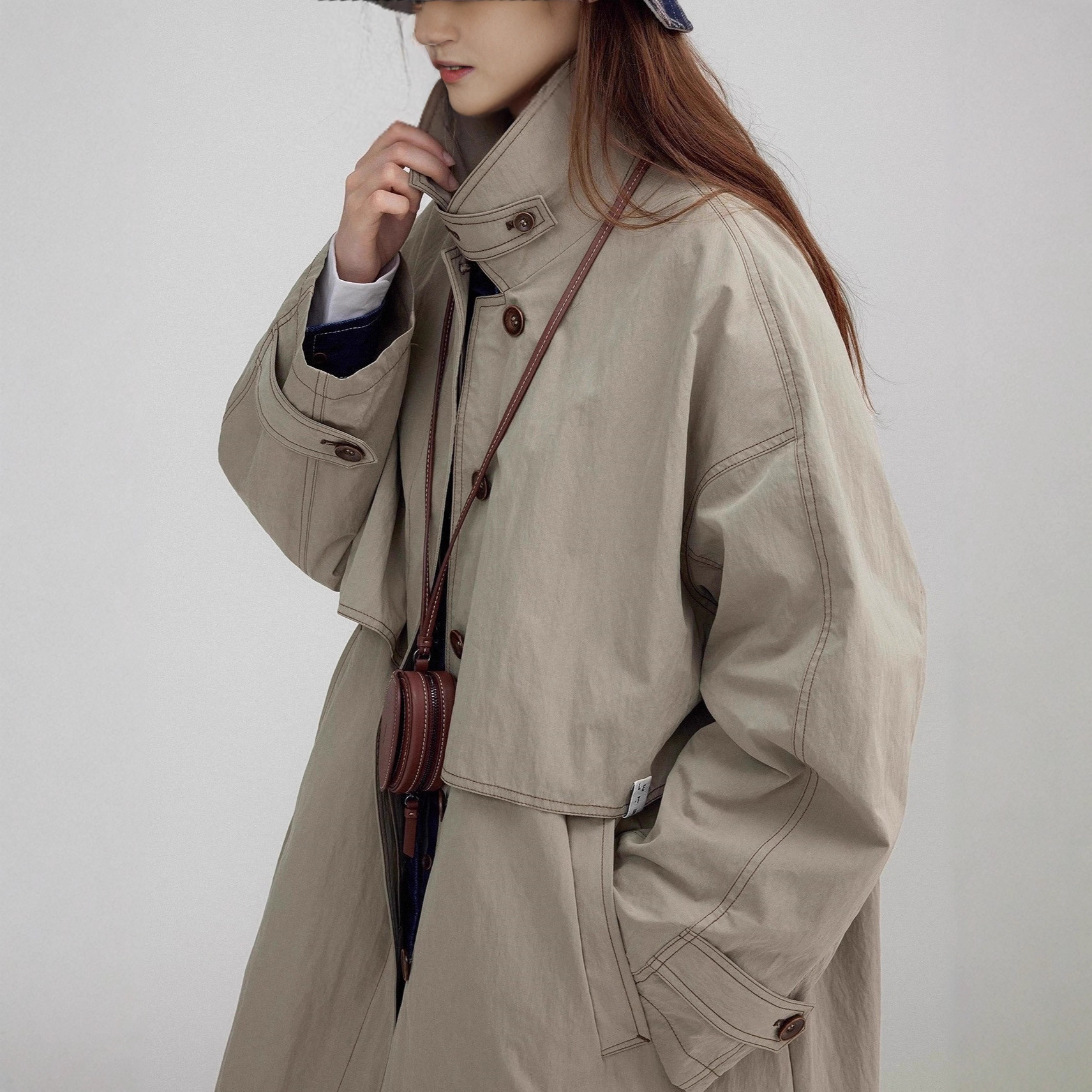 Mid-Length Trench Coat with Stand Collar, Simple and Stylish, New Autumn Style for Petite Figures, High-End Hepburn Style, Japanese Loose Fit