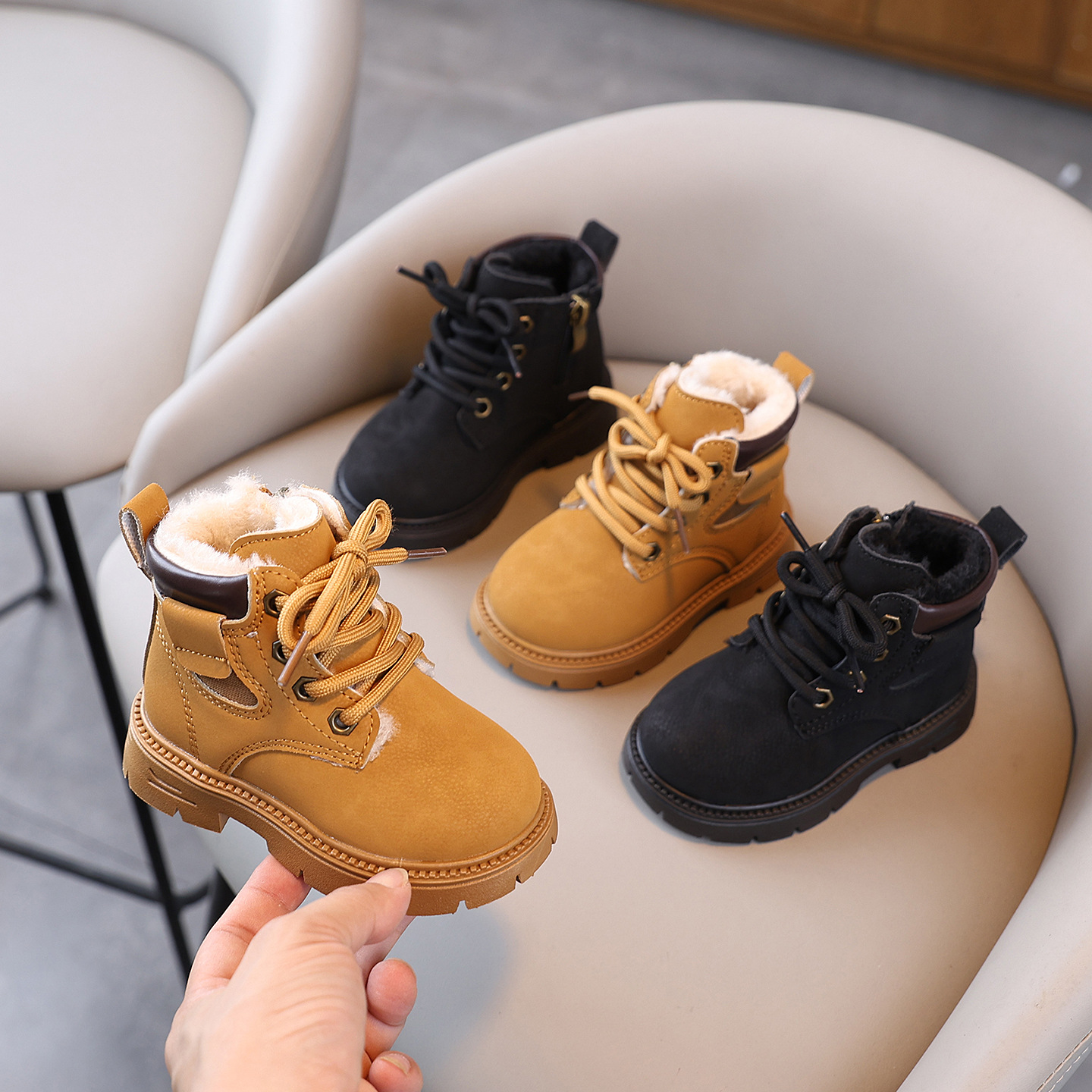 Children's Winter Velvet Snow Boots, Thickeneded and Warm, Small Yellow Boots, Non-Slip Soft Leather Kidsren's Cotton Boots, Warm Shoes, Boots