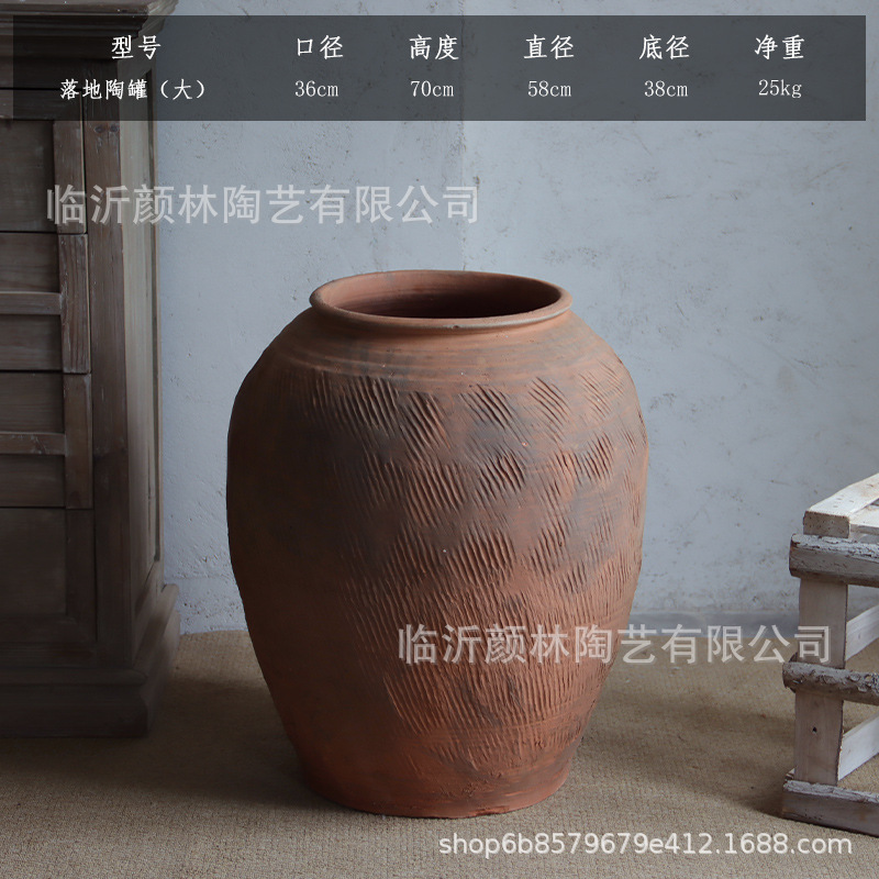 Gran vasija de cerámica de tierra gran vasija de estómago gran vasija de flores de viento tranquilo paisaje decoración residencial vasija de cerámica china estilo Zen retro