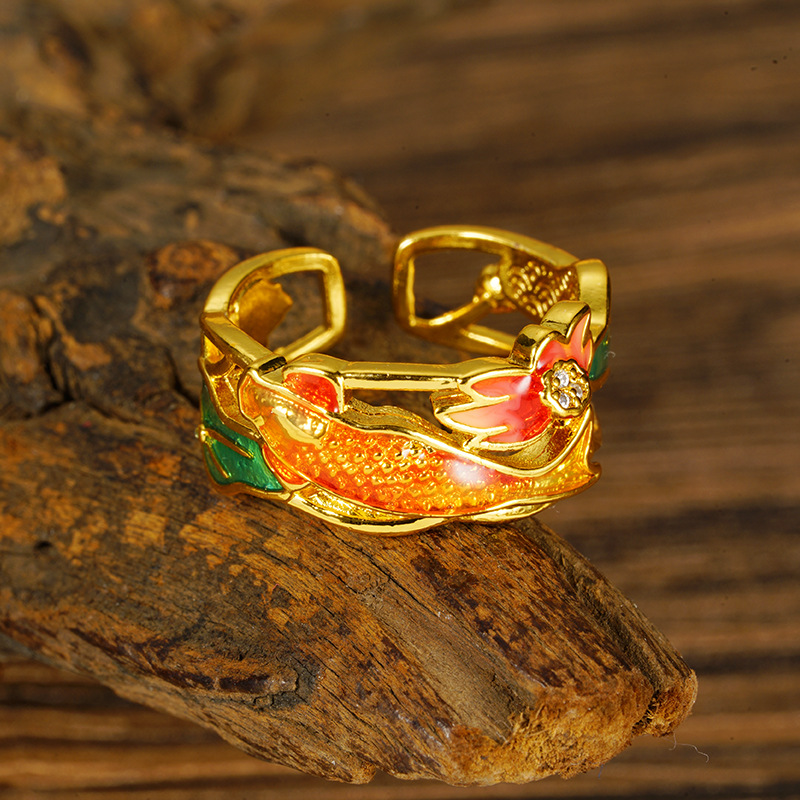 Guofeng koi abierto anillo de oro de arena de Vietnam pintado goteo de aceite loto fábrica de hojas de loto Yiwu al por mayor joyería