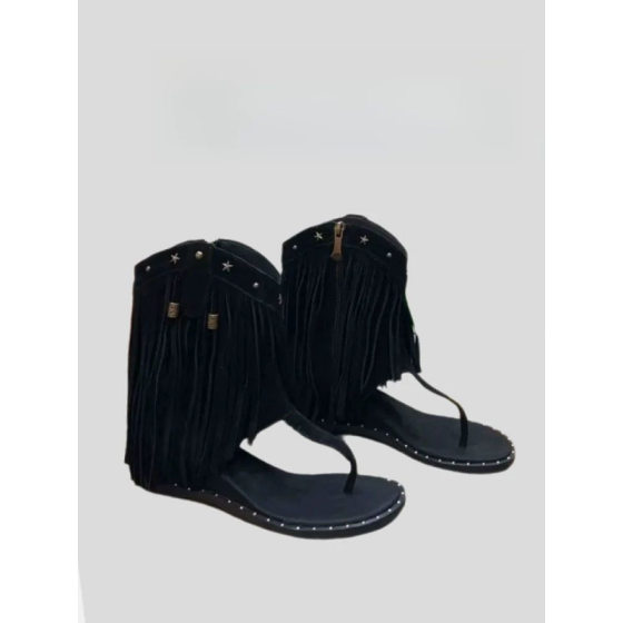 Hong Kong Genuine Roman Leather Studded Tassel Sandals Women's 2025 Summer Wedge Toe Shoes Bohemian Sandals