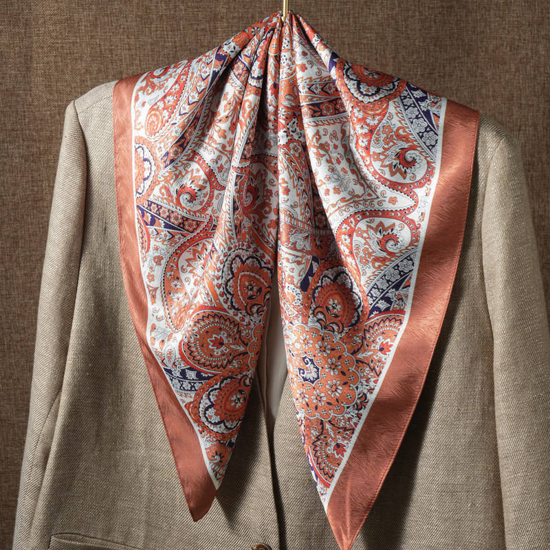 Chinese Style Retro Brown Silk Scarf 70% Imitation Silk Small Square Scarf for Women, Spring and Autumn Ethnic Style Headscarf, Neck Warmer, Shawl