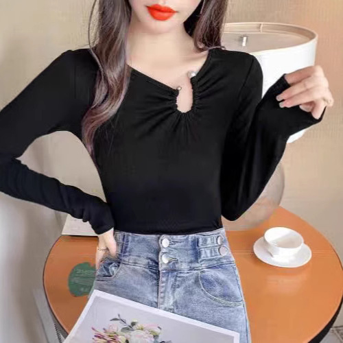 Core yarn spring summer autumn winter new slimming base shirt design sense long sleeve knitted sweater women's bare collar top