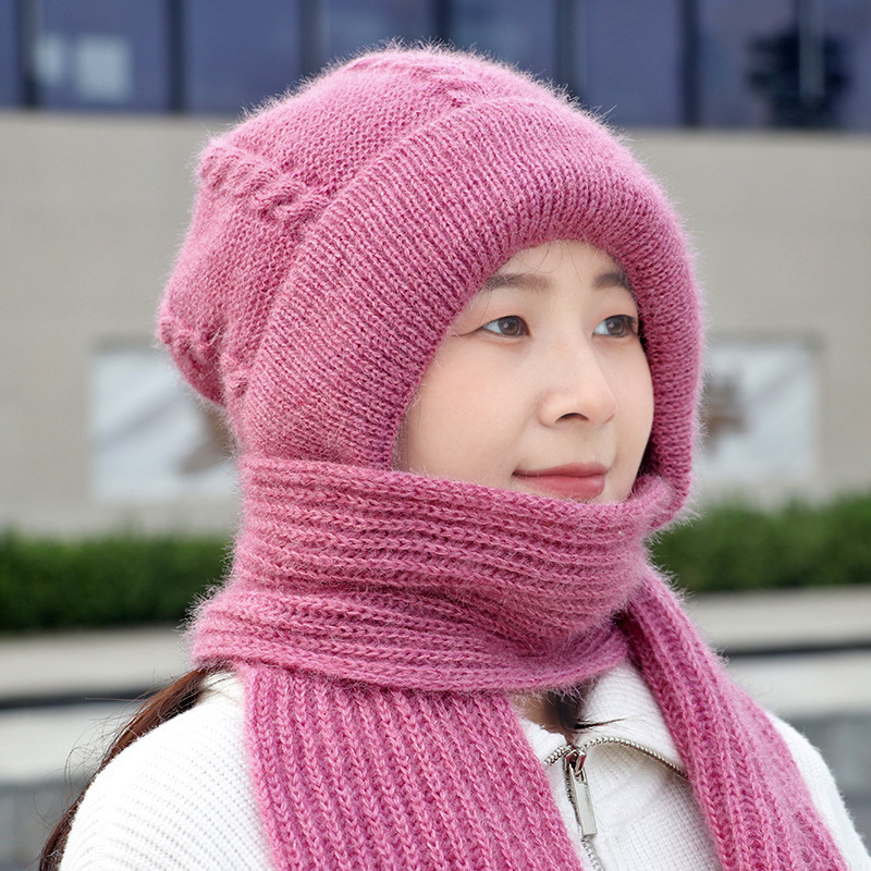 Otoño e Invierno nuevo sombrero para las mujeres de lana forrada engrosada a prueba de frío bufanda sombrero integrado gorro cálido sombrero de Punta cerrada sombrero de lana de punto