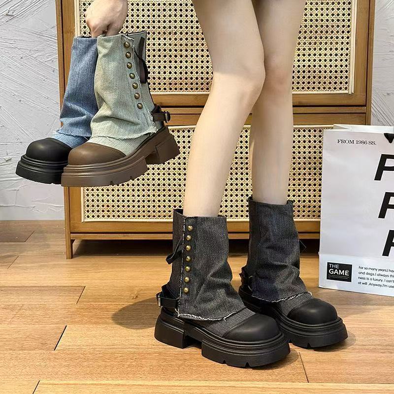 厚底马丁靴女夏季2025新款秋季爆款西部牛仔布单靴英伦风裤管短靴|undefined