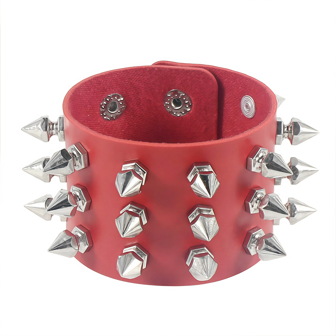 Eco-Friendly Pu Leather European and American Harajuku Punk Style Fashion Exaggerated Bracelet with Tapered Spike Rivets Three-Row Bracelet Jewelry