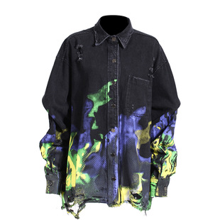 Denim Shirt Women's 2022 Spring New Wash-up Wear-out Loose Hip Hop Street Printed Jacket A9366
