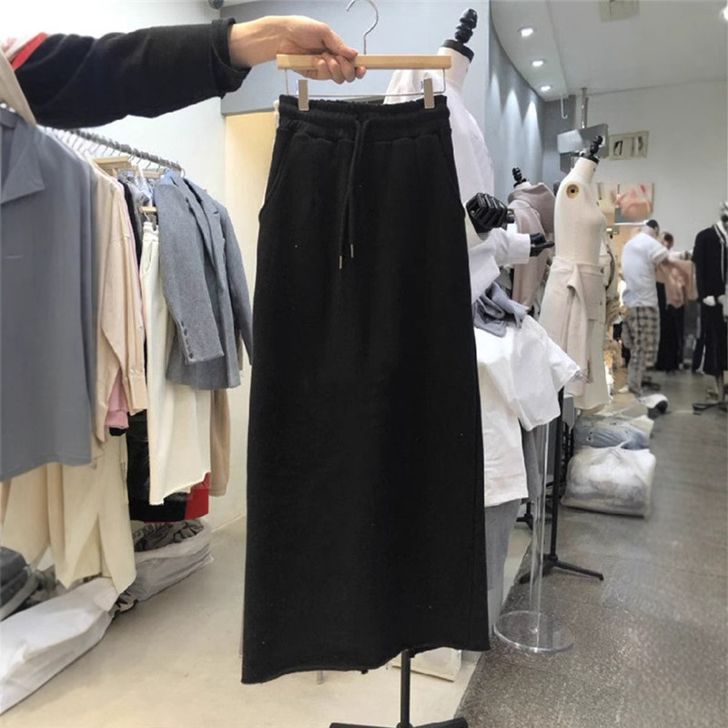 Korean Dongdaemun Half-Skirt 2026 Spring and Autumn New Fashion Drawstring Elastic Waist Solid Color Slit Versatile Mid-Length Skirt
