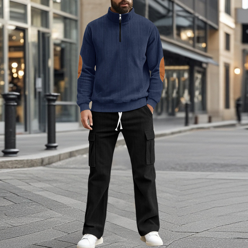 Men's Corduroy Quarter-zip Pullover And Trousers Lounge Set_voghion.com