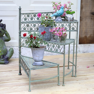 American Country Iron Ladder Flower Rack Half-arc Trapezoidal Three-layer Rotating Flower Rack Courtyard Outdoor Display Storage Flower Table
