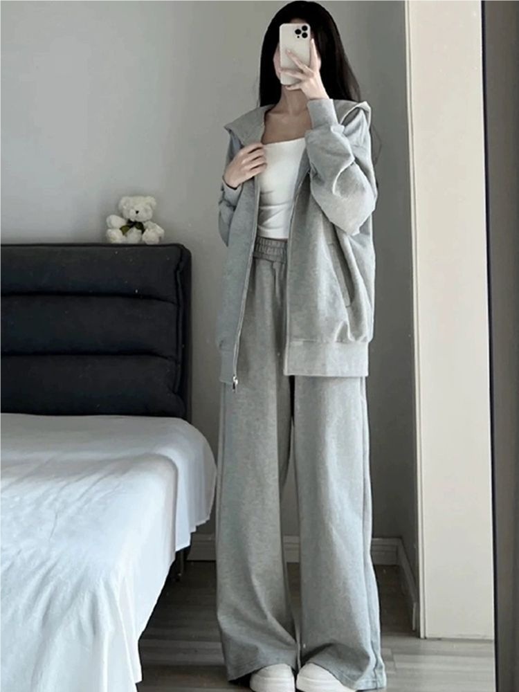 ActiveGo Casual Sports Suit Women, New Loose Hooded Gray Sweatshirt Wide-Leg Pants Two-Piece Set With Cardigan Jacket For Autumn_desvips.com