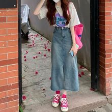 港风复古开叉牛仔半身裙女秋季新款高腰显瘦中长款包臀裙子潮