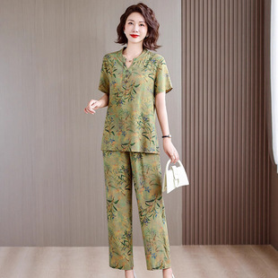 Middle-Aged and Elderly Women's Summer Suit 2025 New Retro Chinese Style Mother's Cotton Silk Short-Sleeved Wife's Thin Two-Piece Set