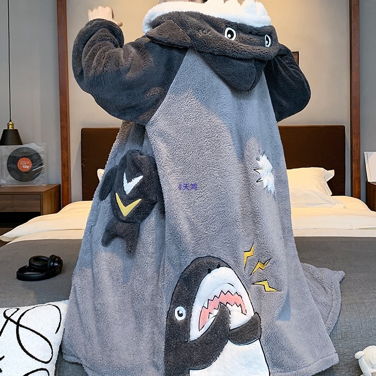 Coral Velvet Men's Nightgown Autumn and Winter Thickeneded Velvet Pajamas Youth Bathrobe Winter Boys Shark Home Clothes