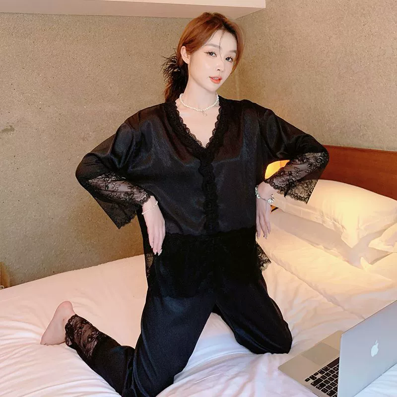 Женские весенне-осенние пижамы из ледяного и снежного шелка с длинными рукавами, простой и милый костюм-тройка, однотонная кружевная домашняя одежда из ледяного шелка.