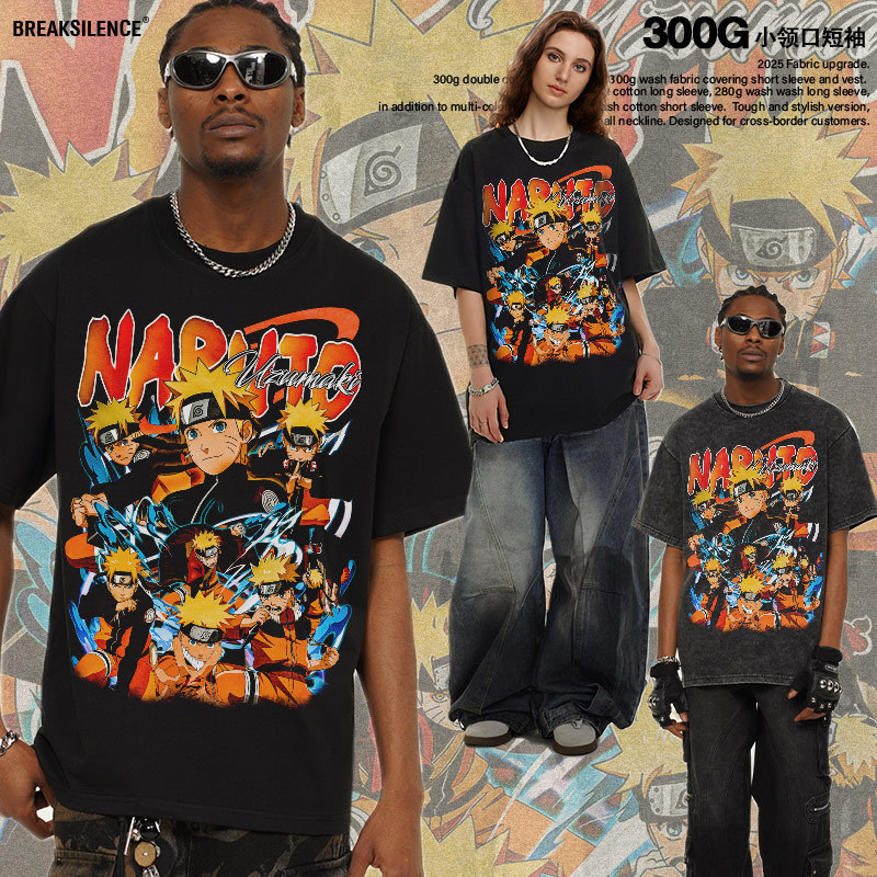 2025 Cross-border Huo Ying Day Summer Washed Old Heavy Short-sleeved Men's Direct Injection Printed High Street Men's Pure Cotton T-shirt