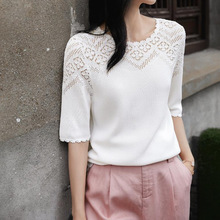 夏季 通勤花边挑洞镂空针织衫上衣女