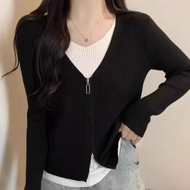 2025新款针织衫女秋季减龄针织开衫显瘦洋气小个子拉链假二件上衣|undefined