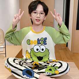 秋季长袖长裤男儿童棉质圆领卡通加肥加大青少年中大童睡衣家居服