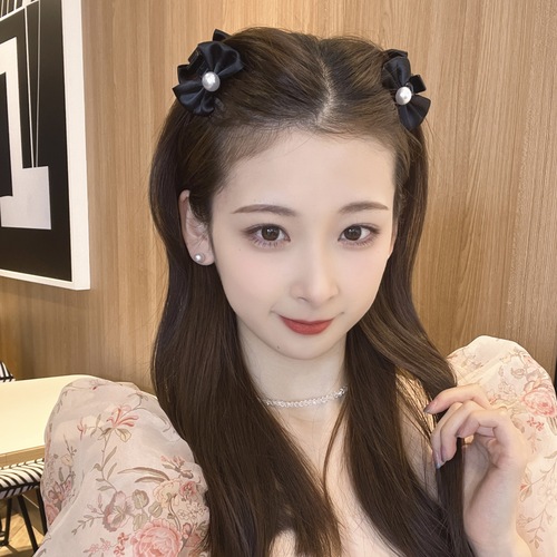 Black Two-Sided Bow Hair Clip Princess Hair Pin Satin Surface Pearl Small Forehead Hair Clip Fringe Hair Clip Hairpin Head Accessory