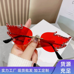 新款个性奢华闪钻墨镜无框镶钻大火焰太阳镜跨境万圣节太阳眼镜