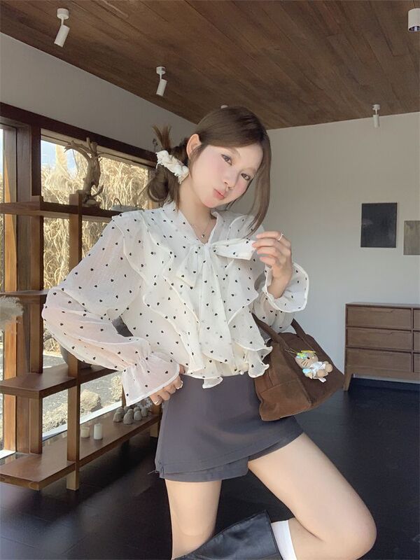 法式荷叶边波点长袖衬衫女秋季新款宽松韩系蝴蝶结系带超好看上衣|undefined