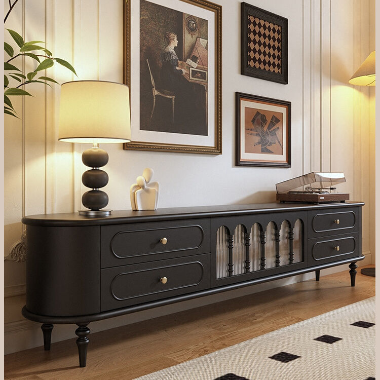 French Retro Tv Cabinet Living Room Solid Wood Mid-Century Style Black High Tv Cabinet Combination Home American Floor Cabinet