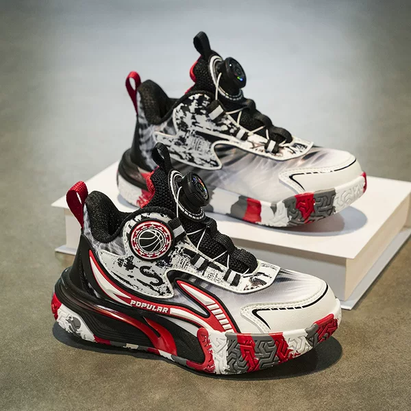 High-top basketball shoes with twist-lock no-tie design, non-slip and wear-resistant, boys' sports shoes for school training, wholesale children's shoes