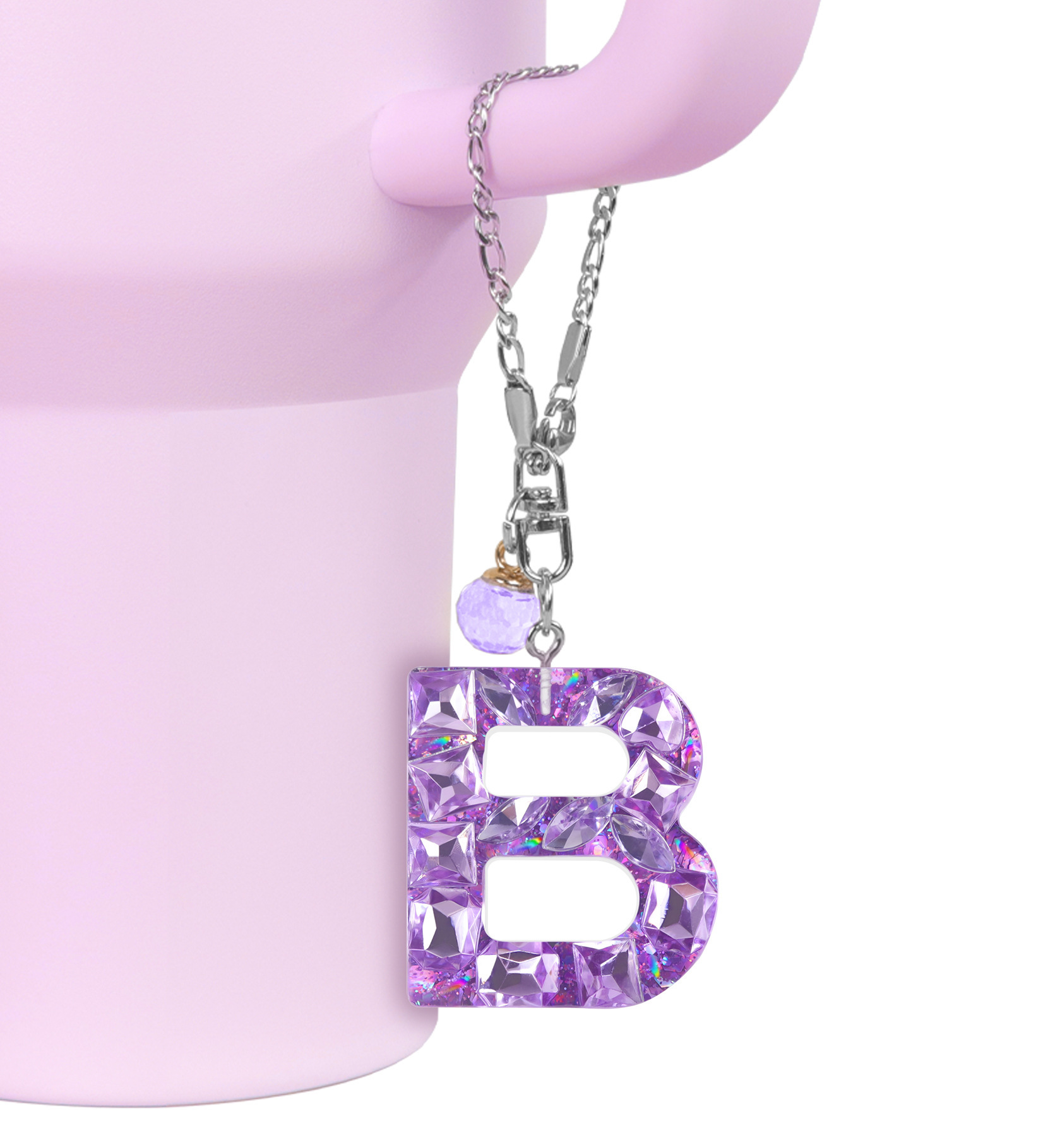 Copa Stanley europea y americana, colgante de letras de diamantes, vaso, cadena de taza de botella, bola de cristal, accesorios de llavero de letras en inglés