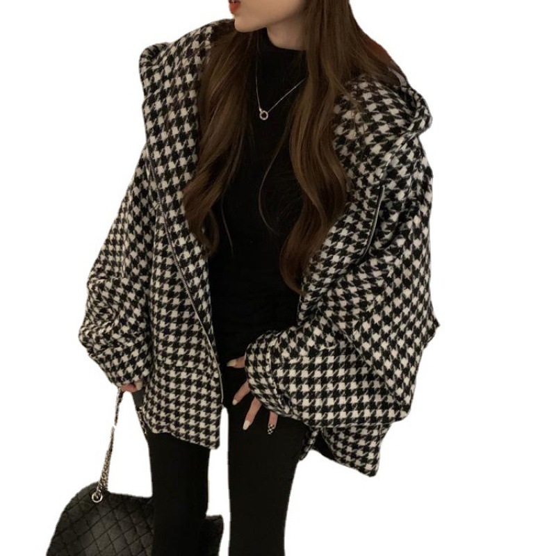 Extra de gran tamaño Chubby Girl 1,00 kg-150,00 kg cardigan houndstooth coat mujeres delgadas oversize sueltas suéter uniforme de béisbol